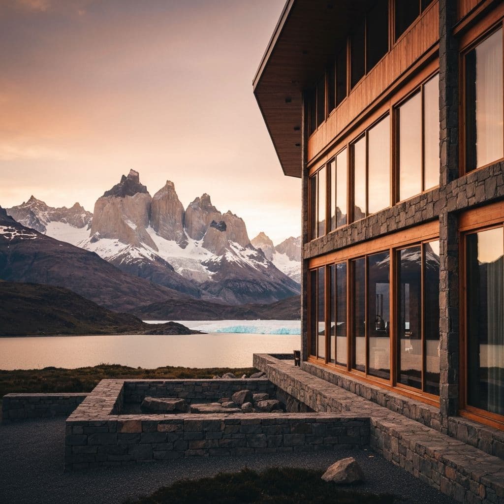 Luxury hotel in Chilean Patagonia with Torres del Paine mountains and glacial lake