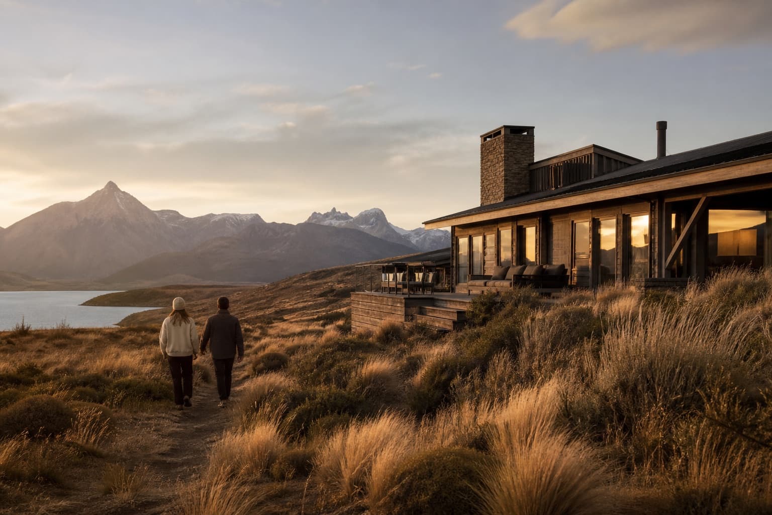 Huéspedes caminando por un sendero hacia un hotel de destino con vista a un lago y montañas al atardecer en la Patagonia