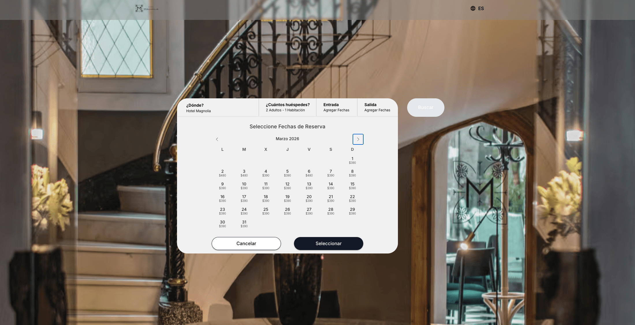 Book2dream booking engine showing date selection calendar with per-night pricing