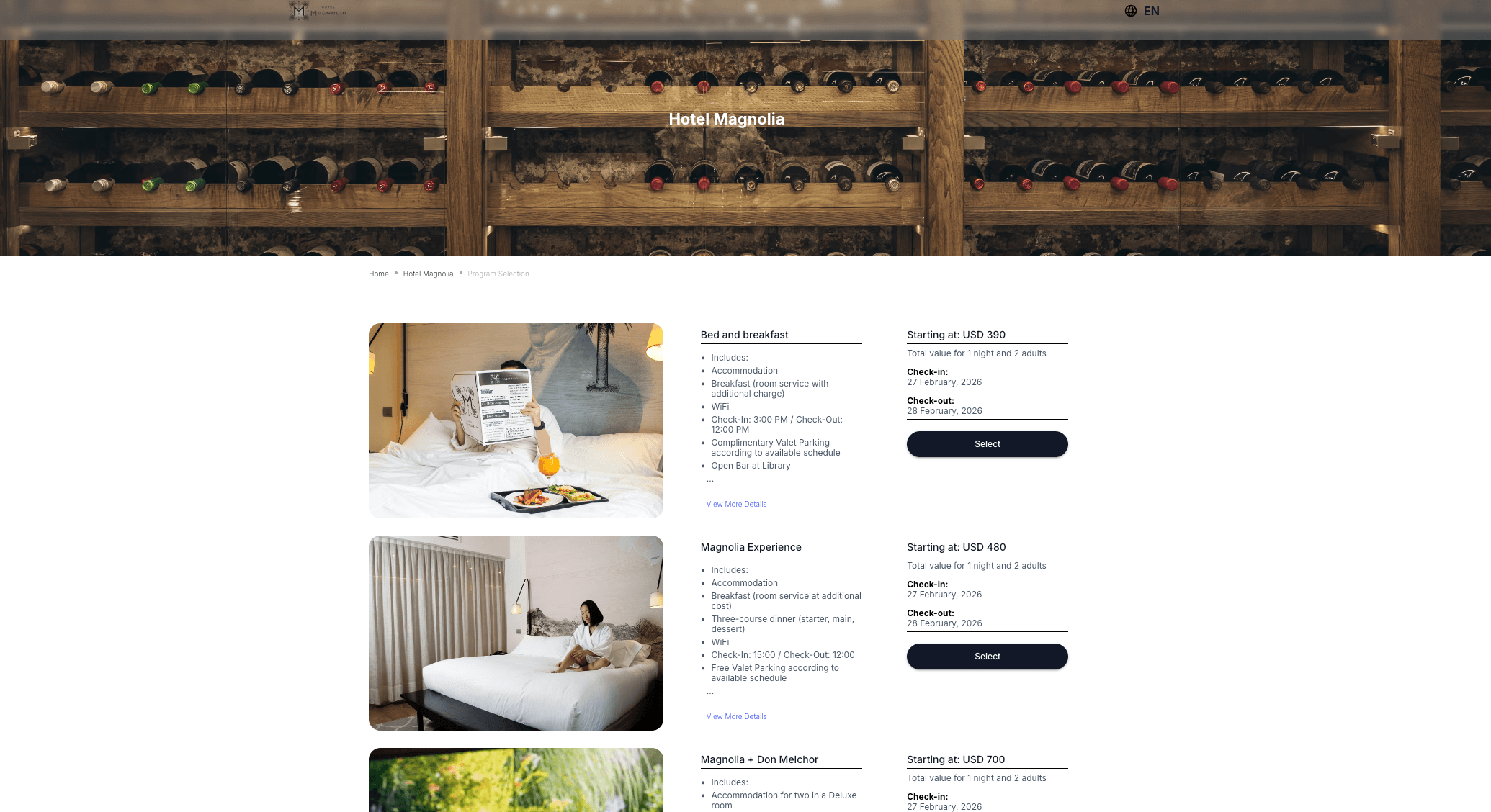 Seleção de programas do Book2dream exibindo Bed and Breakfast, Magnolia Experience e pacotes premium