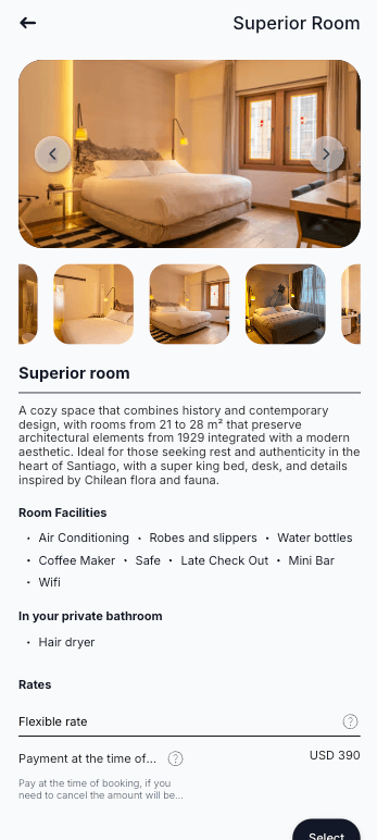 Book2dream mobile room details showing Superior Room with photo carousel and amenities