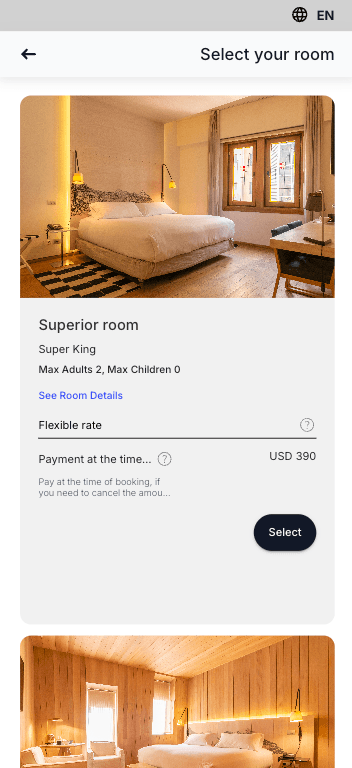 Book2dream mobile room selection showing Superior Room with pricing